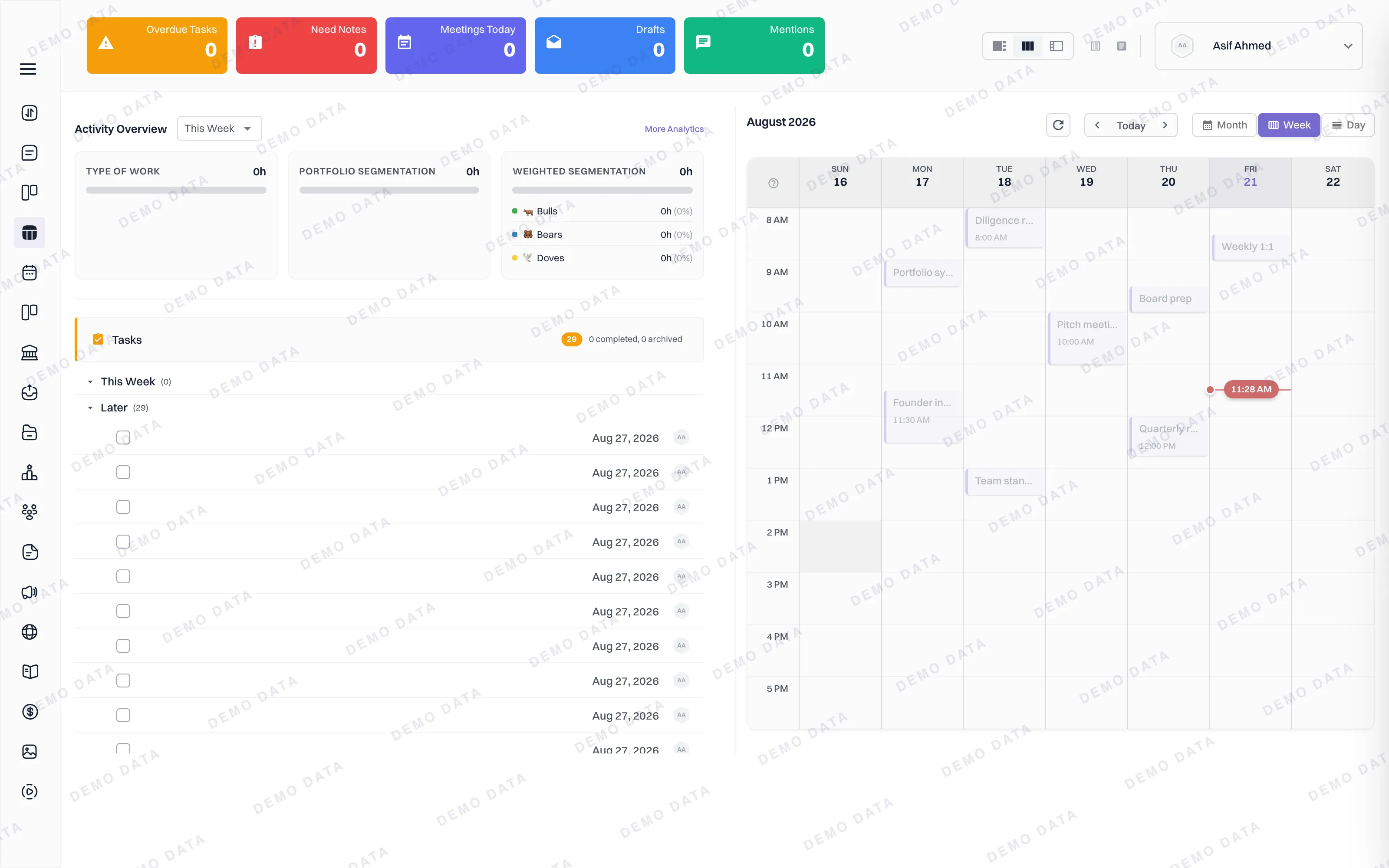 Where the day starts: what is overdue, which meetings need notes, and the week beside it.