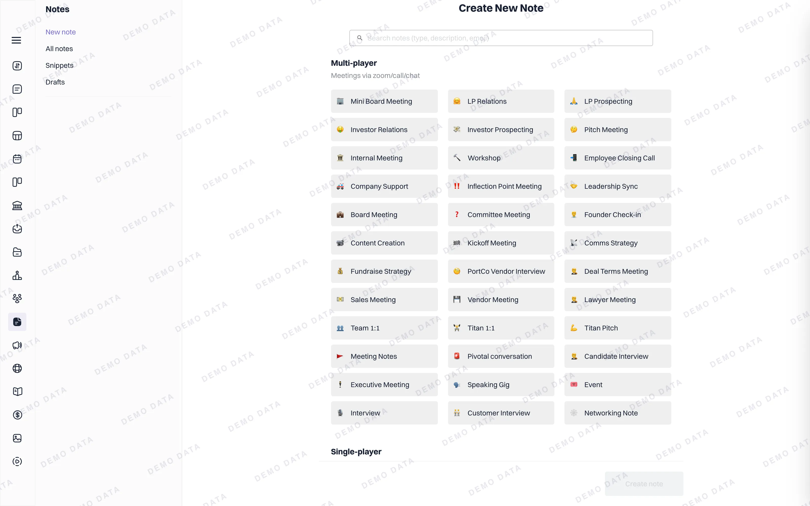 Forty-odd meeting types, each with its own structure, so a pitch is recorded like a pitch.