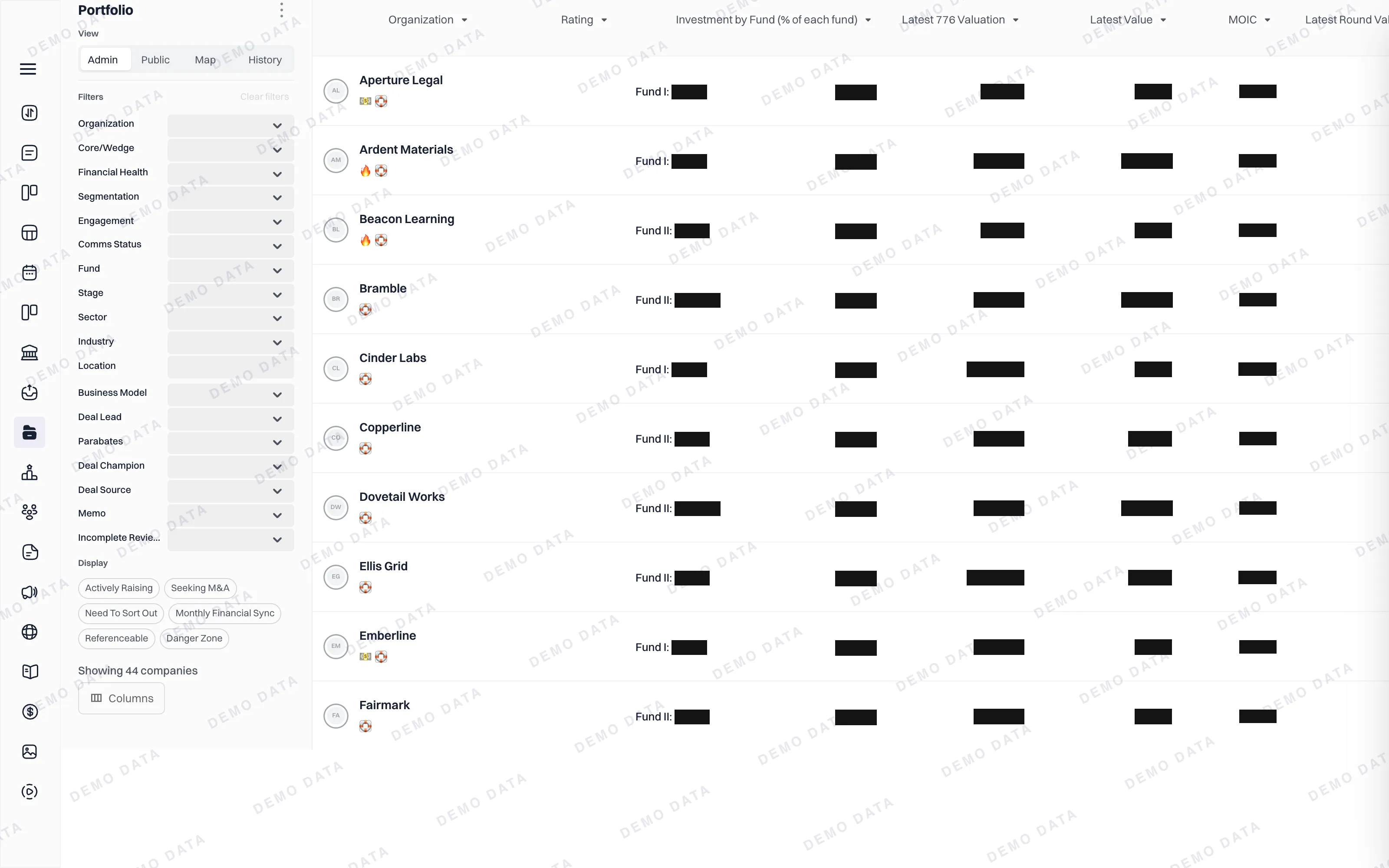 The whole book in one table, filterable by stage, sector, health, fund and owner.